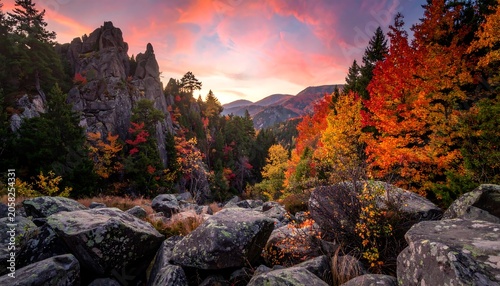 A rocky landscape with vibrant autumn trees and a mountain range at sunset