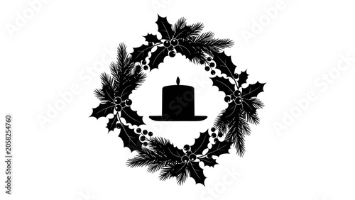 Bild auf Leinwand Christmas Candle Wreath Silhouette: A festive black silhouette of a Christmas wreath adorned with pine branches and holly berries encircles a simple candle on a plate