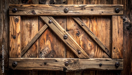 A rustic wooden door with crossed beams and visible bolts