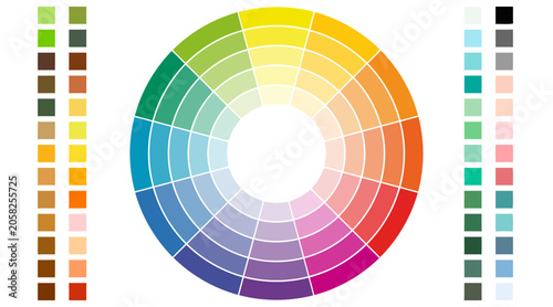 Color wheel and palette swatches on white, design theory concept
