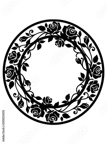 Ornate Rose Floral Wreath Silhouette Circular Frame Vector