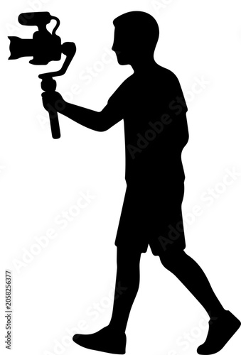 Foto Black silhouette of a male videographer walking and filming with a professional