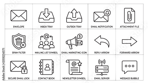 Foto Email icons, email marketing symbols, newsletter set, 20 email service glyphs