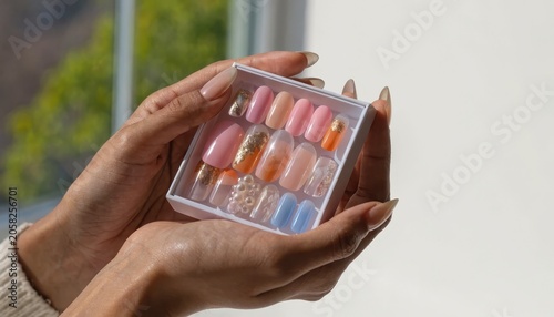 Display of colorful elegant press on nail art samples held by human hands