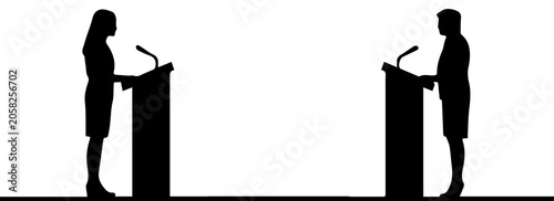 Black silhouette of two women debating at podiums on white background, female politicians speaking at lecterns in public speech or presentation