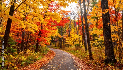 A serene forest path with vibrant autumn foliage and scattered leaves
