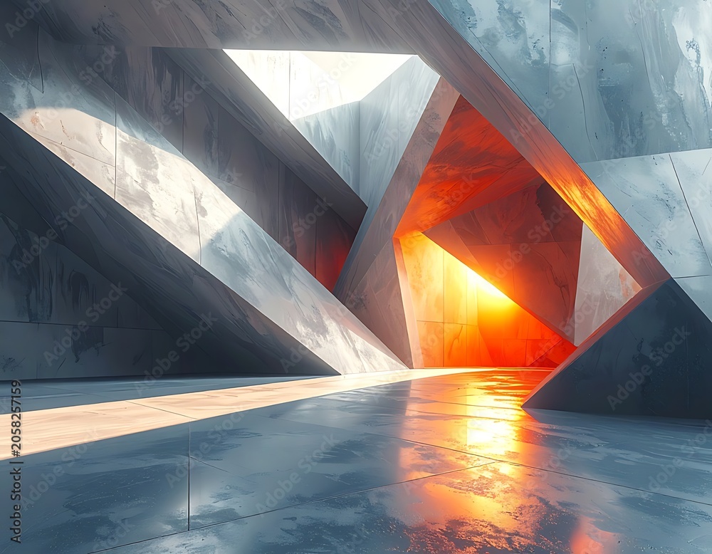Fototapeta premium A futuristic interior with geometric shapes and vibrant orange light