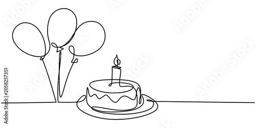 Continuous line drawing of a birthday cake with balloons