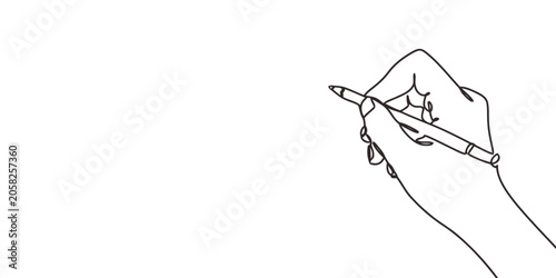 Human hand holding pencil writing, simple line art illustration