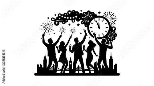 New Year's Eve Celebration Silhouette with People Fireworks and Clock