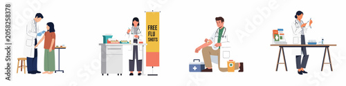 Bild auf Leinwand Set of flat vector illustrations depicting doctors and medical staff administering vaccinations and flu shots to patients in various healthcare scenarios