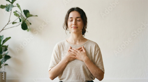 Woman practicing deep breathing indoors