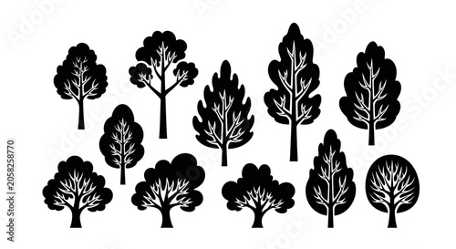 Tableau sur toile Set of Stylized Deciduous Tree Silhouettes with Rounded Canopies in a Consistent