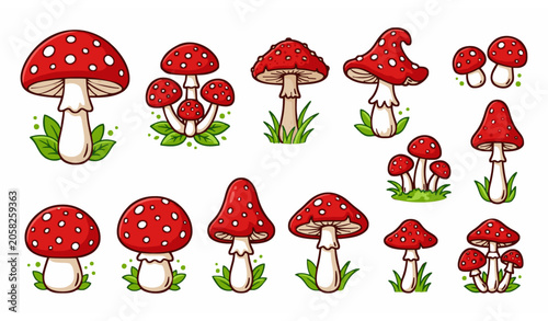Cuadro en lienzo Red mushroom vector illustration set with woodland fly agaric fungi isolated on