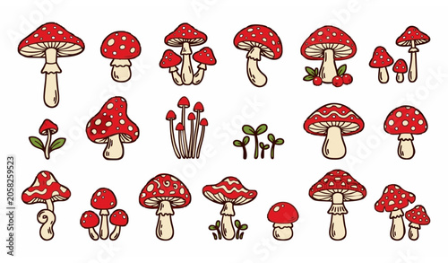 Canvastavla Whimsical red mushroom vector set with fly agaric forest fungi isolated collecti