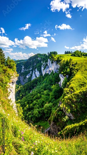 A scenic landscape of a lush green valley surrounded by steep cliffs and a blue sky with white clouds