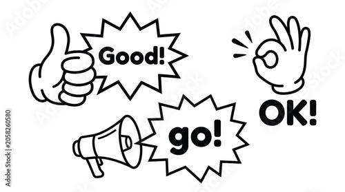 A set of black and white vector graphic hand gestures showing positive signs and symbols
