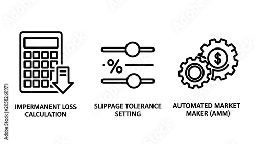De fi financial icons representing impermanent loss slippage tolerance and automated market maker with blockchain slippage calculation tolerance calculator settings percentage investment