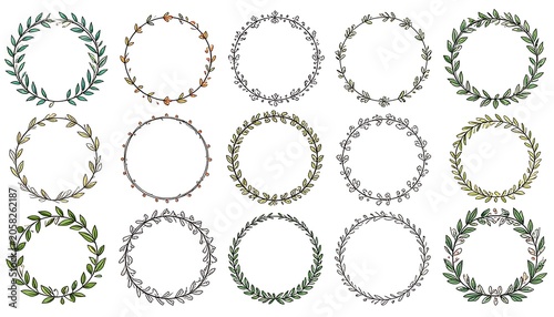 Collection of fifteen varying foliage wreaths arranged in a grid format against a plain white background