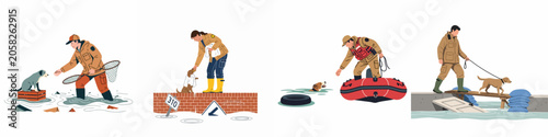 Foto Illustrations of rescue workers saving dogs from flood disasters using boats, nets, and makeshift bridges to ensure animal safety during emergency situations