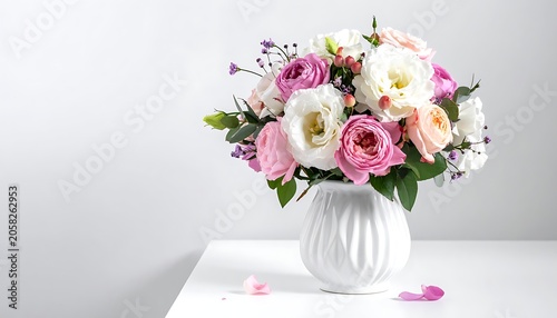 Colorful arrangement in a white vase on a white surface, against a bright, plain background