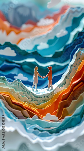 Warm 3D paper cut illustration of two silhouetted figures shaking hands against a vibrant tropical sunset backdrop of layered coral, teal, and orange paper shapes with lush botanical elements.