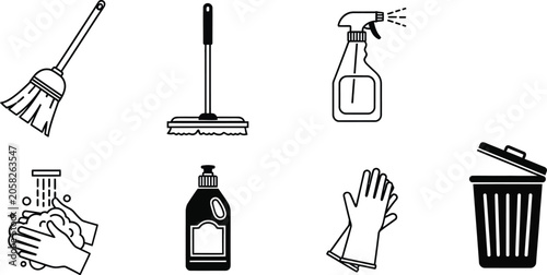 Cleaning Tools Icons Set with Broom, Mop, Spray Bottle, Gloves, Dustpan and Trash Bin