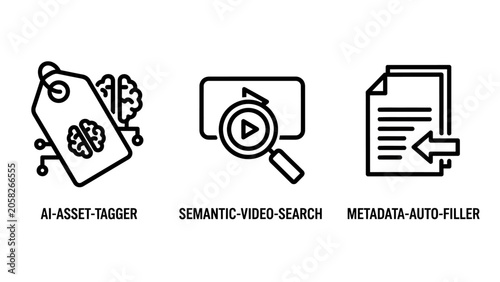 Set of three digital technology icons: AI asset tagger semantic search metadata auto-filler with metadata automation intelligence artificial software technology business internet computer