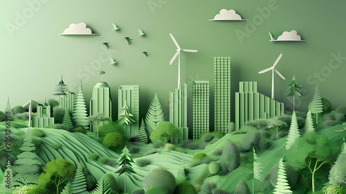 Lush 3D paper cut illustration of a vibrant green city at night, with gleaming white skyscrapers surrounded by dense foliage, yellow wildflowers, birds, and a large crescent moon above the canopy.