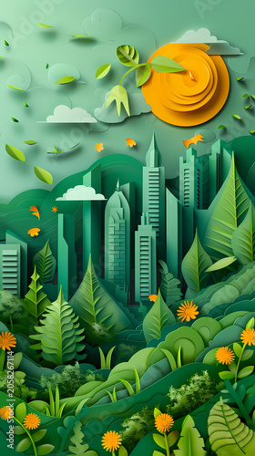 Lush 3D paper cut illustration of a vibrant green city at night, with gleaming white skyscrapers surrounded by dense foliage, yellow wildflowers, birds, and a large crescent moon above the canopy.