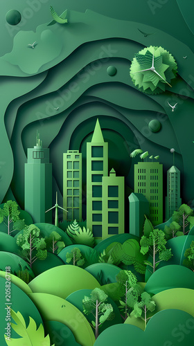 Lush 3D paper cut illustration of a vibrant green city at night, with gleaming white skyscrapers surrounded by dense foliage, yellow wildflowers, birds, and a large crescent moon above the canopy.