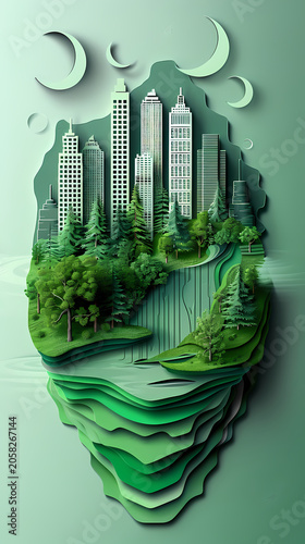 Lush 3D paper cut illustration of a vibrant green city at night, with gleaming white skyscrapers surrounded by dense foliage, yellow wildflowers, birds, and a large crescent moon above the canopy.