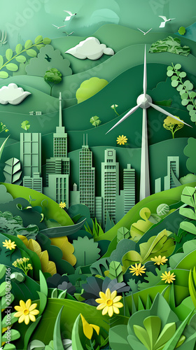 Lush 3D paper cut illustration of a vibrant green city at night, with gleaming white skyscrapers surrounded by dense foliage, yellow wildflowers, birds, and a large crescent moon above the canopy.