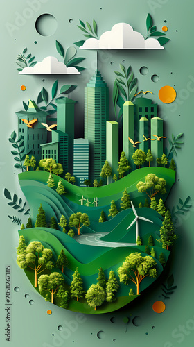 Lush 3D paper cut illustration of a vibrant green city at night, with gleaming white skyscrapers surrounded by dense foliage, yellow wildflowers, birds, and a large crescent moon above the canopy.