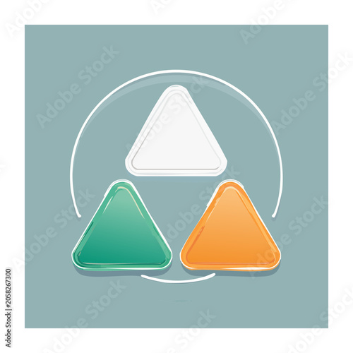 Three colored triangles in a circle on light blue background