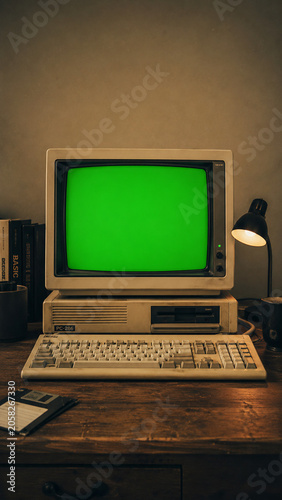 Obraz na plátně Old Personal Computer with Chroma Key Green Screen Mockup