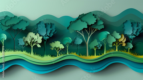 Uplifting 3D paper cut concept artwork showing a lush forest being restored, and a clear river winding through, symbolizing reforestation efforts.
