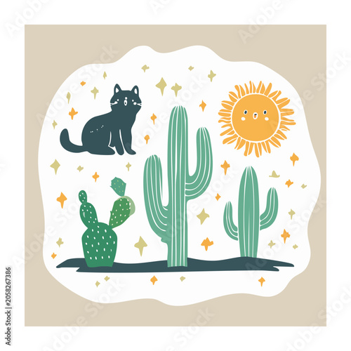 Whimsical Black Cat with Cacti and Sun Illustration