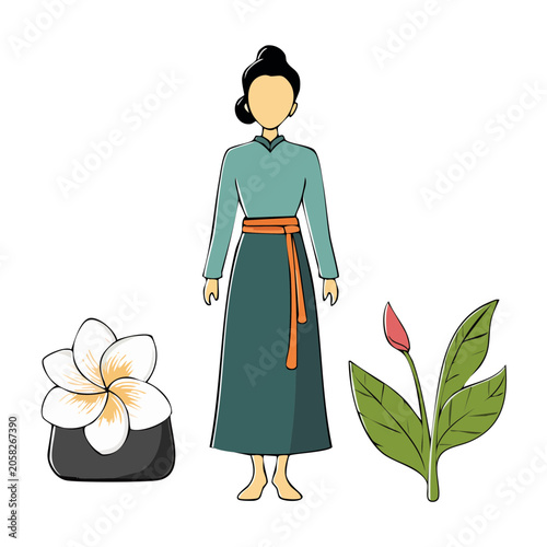 Woman in traditional dress with flowers and plant illustration