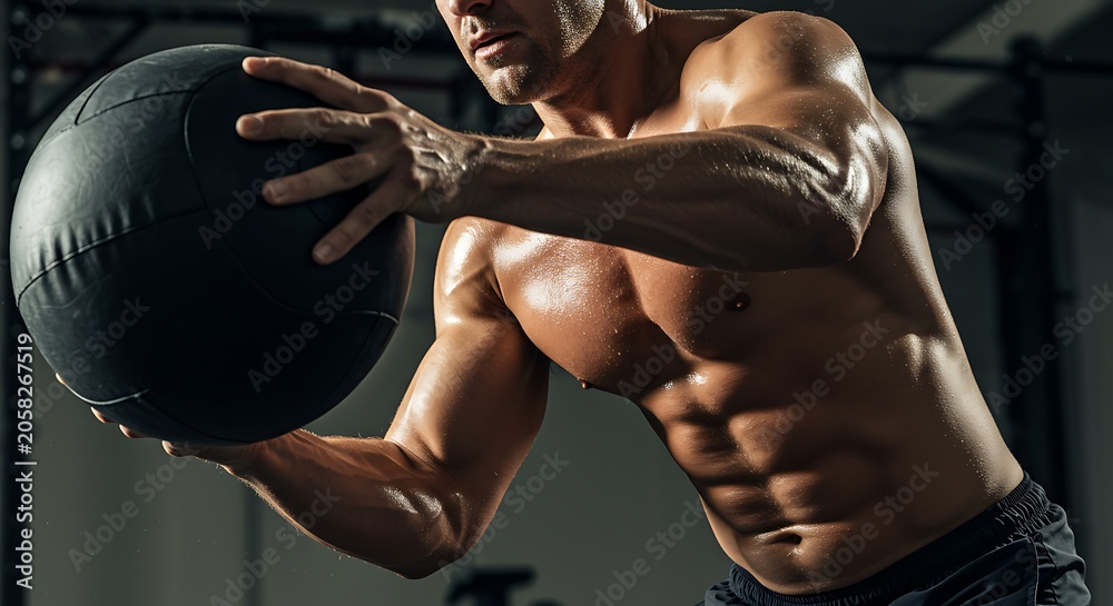© MakarimZaydan - Pessoa musculosa se exercitando com uma bola medicinal em uma academia. © MakarimZaydan - Pessoa musculosa se exercitando com uma bola medicinal em uma academia.