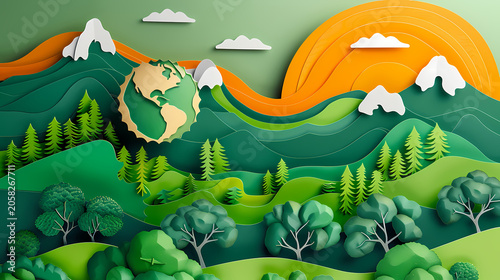 Richly layered illustration of planet Earth centered within a lush tropical jungle scene with teal foliage, yellow wildflowers, butterflies, clouds, and a golden sun, representing global ESG strategy.