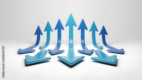 Glossy cyan-blue 3D arrows arranged in rows on white background