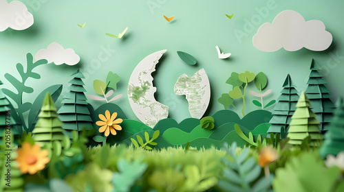 Richly layered illustration of planet Earth centered within a lush tropical jungle scene with teal foliage, yellow wildflowers, butterflies, clouds, and a golden sun, representing global ESG strategy.