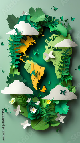 Richly layered illustration of planet Earth centered within a lush tropical jungle scene with teal foliage, yellow wildflowers, butterflies, clouds, and a golden sun, representing global ESG strategy.