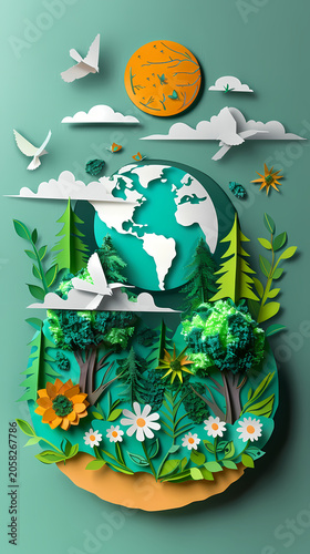 Richly layered illustration of planet Earth centered within a lush tropical jungle scene with teal foliage, yellow wildflowers, butterflies, clouds, and a golden sun, representing global ESG strategy.