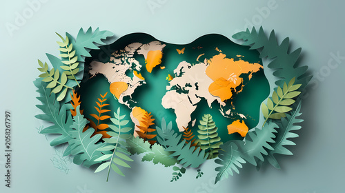 Richly layered illustration of planet Earth centered within a lush tropical jungle scene with teal foliage, yellow wildflowers, butterflies, clouds, and a golden sun, representing global ESG strategy.