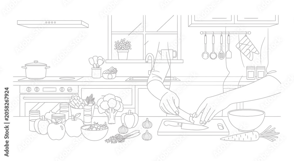 Obraz premium Healthy Cooking: Hands Chopping Vegetables in a Bright Kitchen