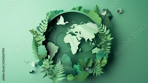 Richly layered illustration of planet Earth centered within a lush tropical jungle scene with teal foliage, yellow wildflowers, butterflies, clouds, and a golden sun, representing global ESG strategy.