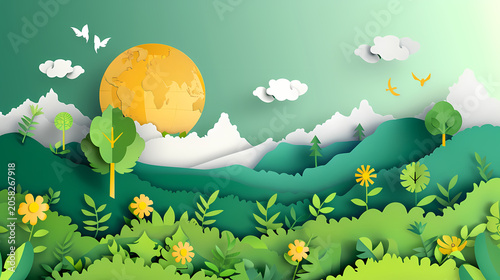 Richly layered illustration of planet Earth centered within a lush tropical jungle scene with teal foliage, yellow wildflowers, butterflies, clouds, and a golden sun, representing global ESG strategy.