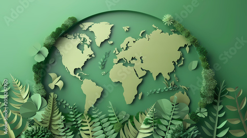 Richly layered illustration of planet Earth centered within a lush tropical jungle scene with teal foliage, yellow wildflowers, butterflies, clouds, and a golden sun, representing global ESG strategy.